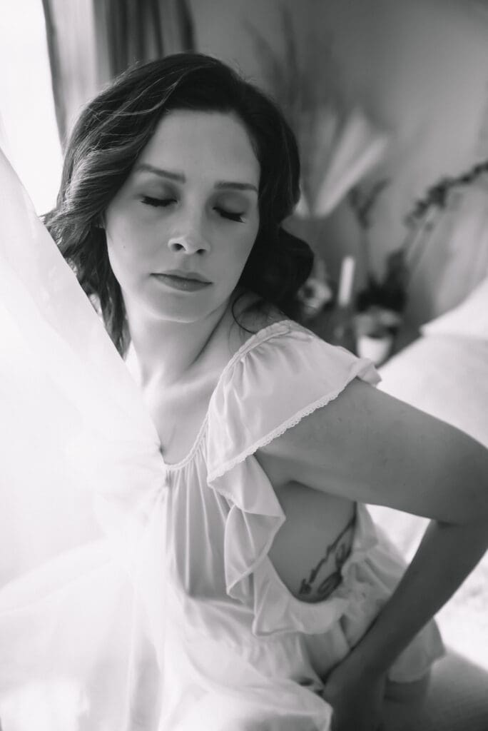 Close-up boudoir portrait showcasing expressive eyes and calm expression greenville sc