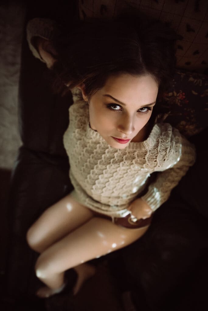 a woman gazes confidently into the camera in a relaxed pose in columbia south carolina
