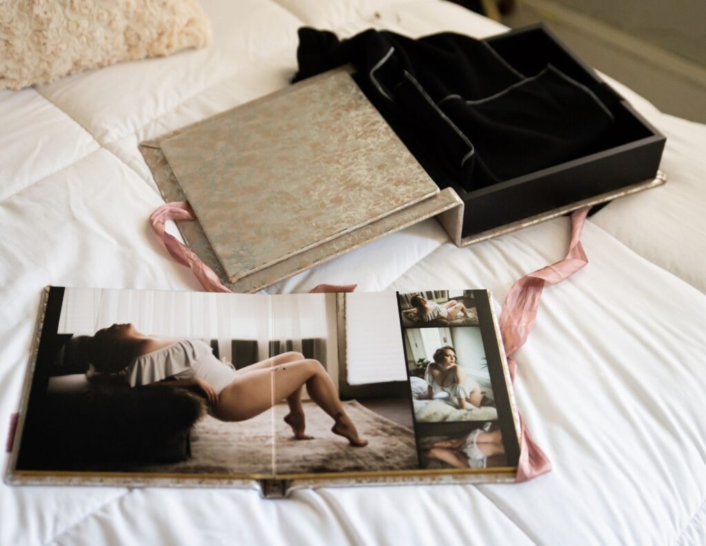 a luxury boudoir photo album in a matching luxurious box anniversary gift
